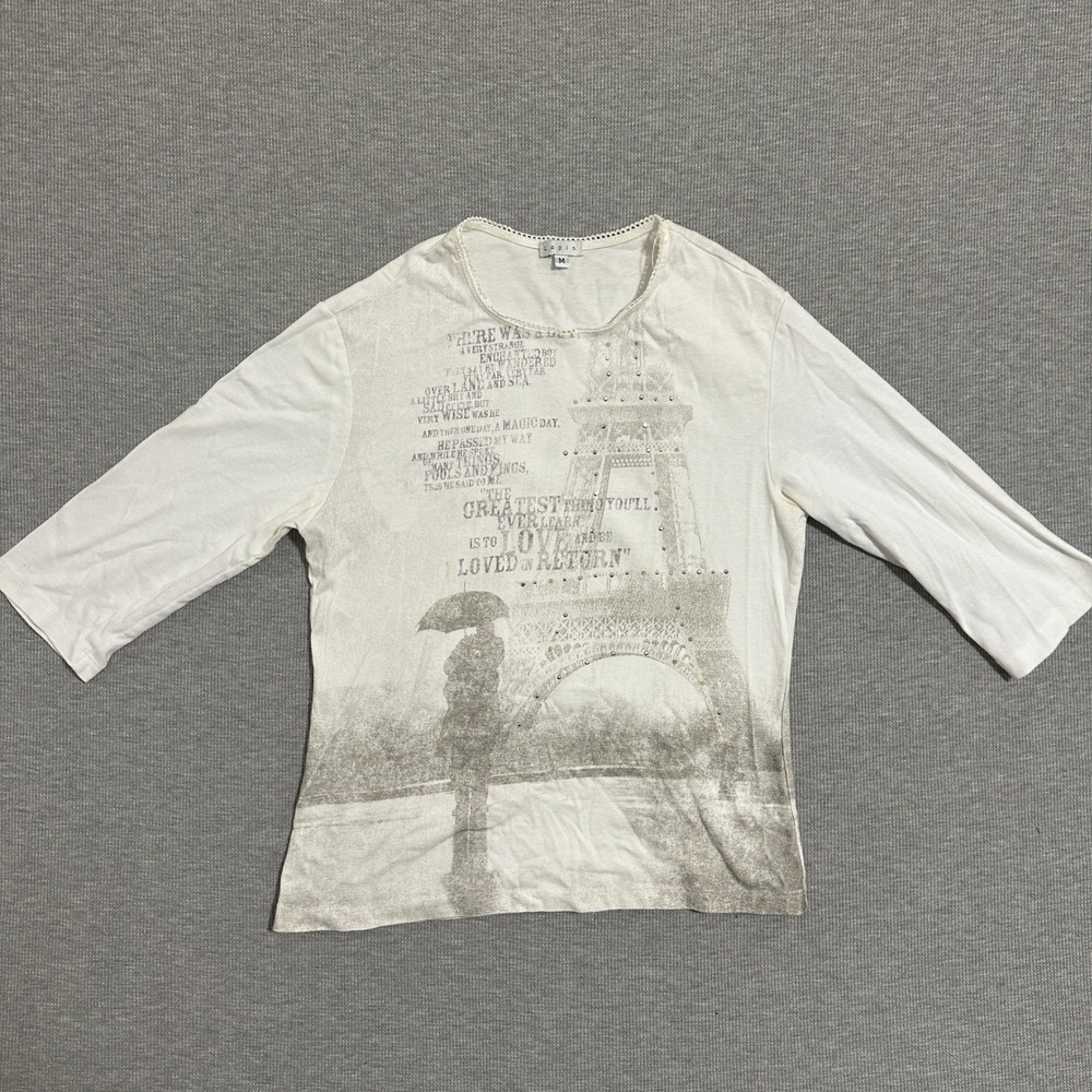 Lapis White Eiffel Tower Paris Graphic Top 3/4 Sleeve Rhinestone Womens Size M